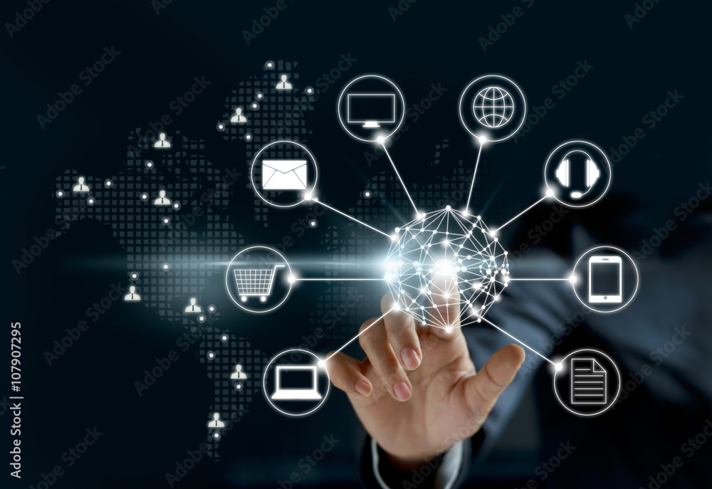 Poster hands touching circle global network connection, omni channel