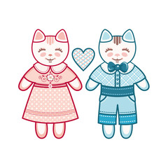 Cute kittens. Boys and girls. A couple of lovers kittens. Raster illustration on white background