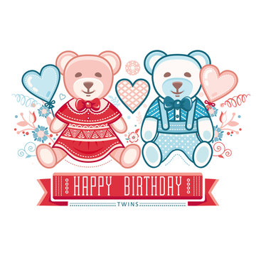 Cute cubs. Cute bear cub. Boys and girls. A couple of lovers bears. Greeting card