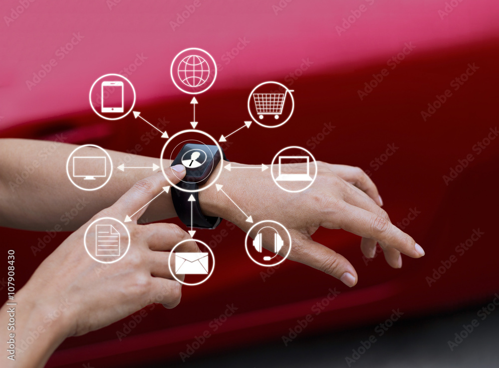 Poster hands touch icon customer network connection on smart watch, omni channel