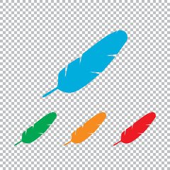 Simple icon of feather. Color set with transparent grid