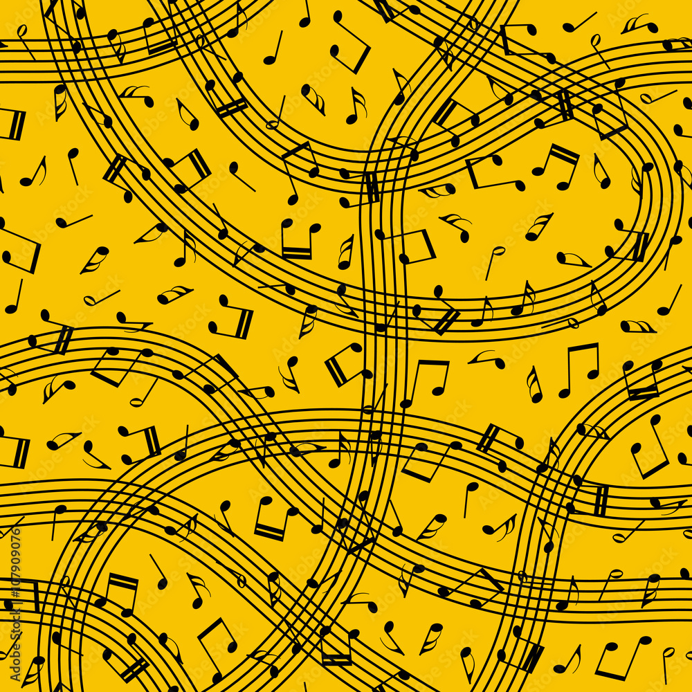 Poster flow of music. music waves. swirl of notes. seamless pattern on orange background