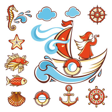 Sea set. Icons set. Girl on a sailboat. Vector illustration on white background