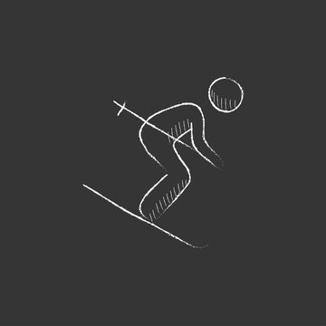 Downhill skiing. Drawn in chalk icon.