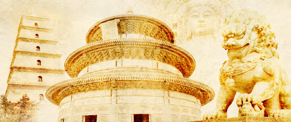 Grunge background with paper texture and landmarks of China