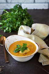 Lentil soup with chicken and herbs 
