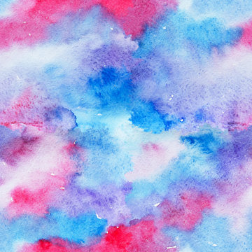 Bright Seamless Watercolor Abstract Pattern. Mix of Blue and Pink Color Splashes. Colorful Texture. Hand Painted Background