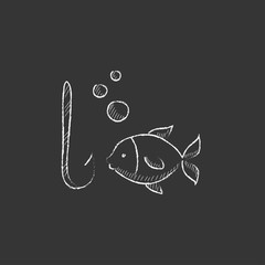 Fish with hook. Drawn in chalk icon.