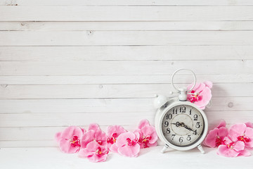 Background with white alarm clock and flowers pink orchid on whi