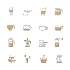 Set of 16 coffee linear with brown color icons included coffee cups, coffee machine, macaroons. Isolated on the white