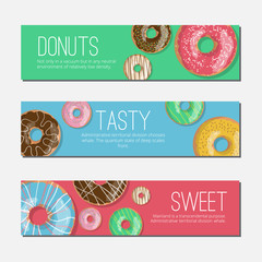 Set of three bright tasty vector banners donuts illustration on the green, blue and red backgrounds. Doughnut banners