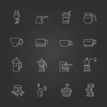 Set of 16 white linear coffee icons included coffee cups, coffee machine, coffee, macaroons. Isolated on the black