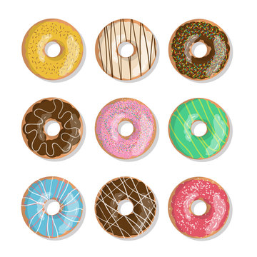 Set of nine bright tasty vector donuts illustration isolated on the white background. Doughnut icon in cartoon style