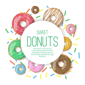 Circle vector banner with donuts illustration isolated on the white background. Doughnut banner in cartoon style
