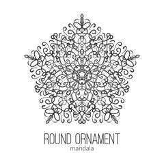 Vector hand drawn black floral mandala circle ornament isolated on the white background.