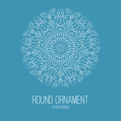 Vector hand drawn white floral mandala circle ornament isolated on the blue background.