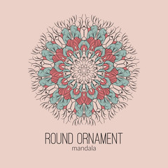 Vector hand drawn colorful floral mandala circle ornament isolated on the pink background.