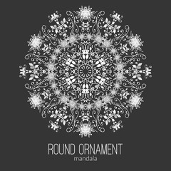 Vector hand drawn white floral mandala circle ornament isolated on the black background.