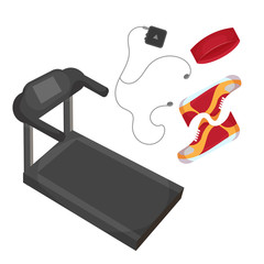 Running shoes, music player, head band and treadmill icon isolated on the white background. Sports equipment