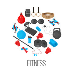 Flat trendy color background with sport equipments elements set for gym or fitness club flayers.