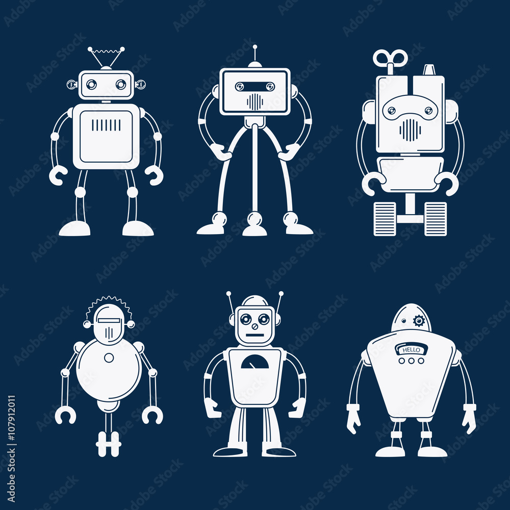 Poster robot vector icons. white robots pictograms, robot flat images on dark blue background