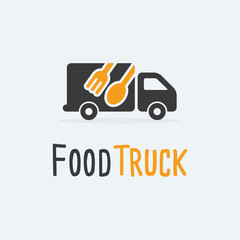 Food Truck Logo Template. Vector illustration. Food Truck vector icons flat style. Food Truck isolated vector. Food Truck with spoon and fork on white background.