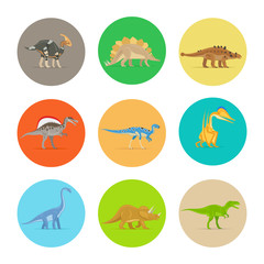 Dinosaurs flat colorful icons. Different types of dinosaurs in colored circles. Vector illustration