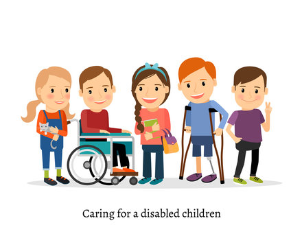 Disabled children or handicapped children with friends. Children with special needs vector illustration