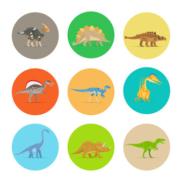 Dinosaurs flat colorful icons. Different types of dinosaurs in colored circles. Vector illustration