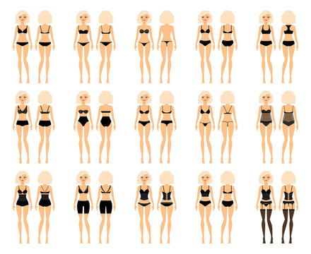 Types of woman underwear. Pretty girl in bra and panties vector illustration