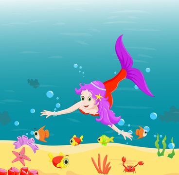 Beautiful mermaid  Swimming Underwater with sea animals
