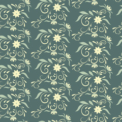 Seamless pattern for wallpaper or fabric. Floral elements on a blue background.