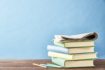 Office supply. On blue background with copy space.