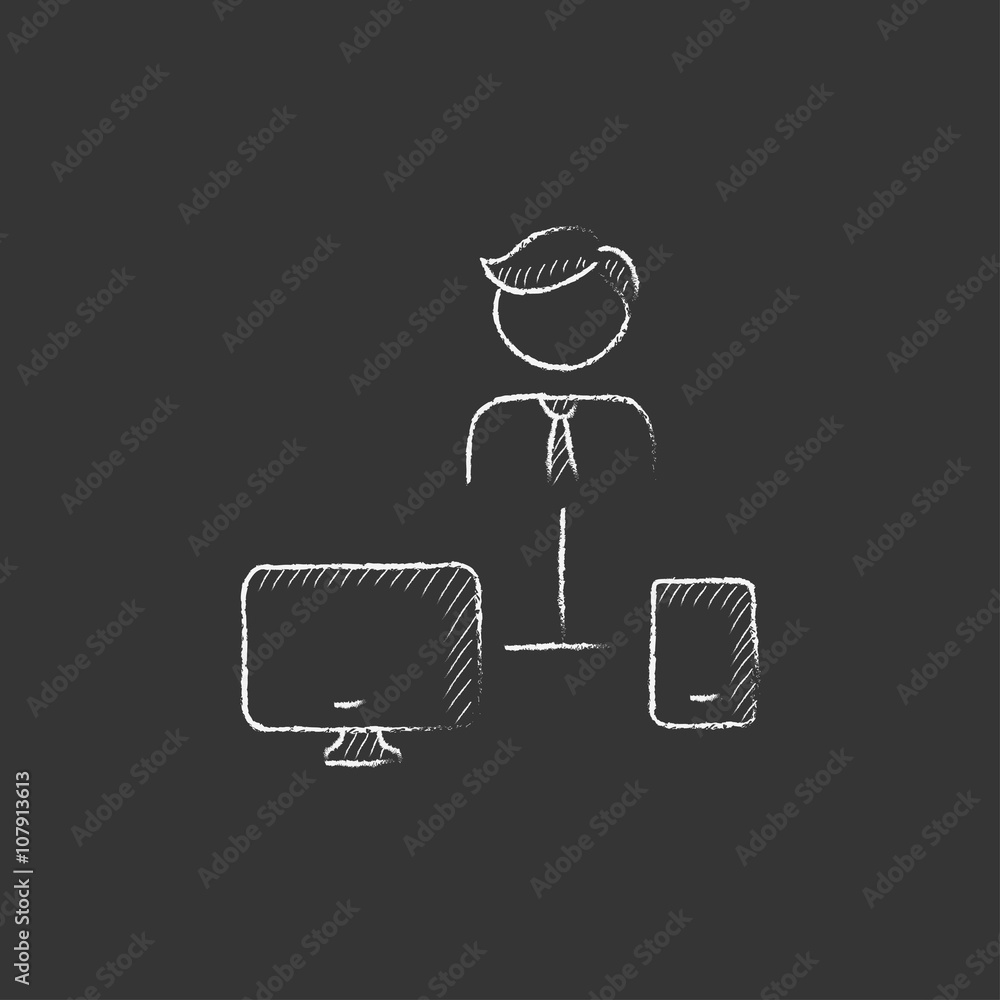 Aufkleber man linked with computer and phone. drawn in chalk icon.