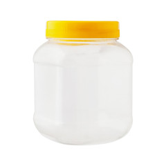translucent jar with yellow cover for food. Isolated white background
