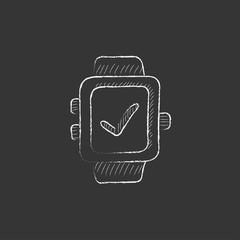 Smartwatch with check sign. Drawn in chalk icon.