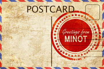 minot stamp on a vintage, old postcard