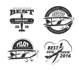 Retro airplane, aircraft vector labels set. Best pilot label, aeroplane or monoplane badge, emblem airplane transport, avia show airplane logo illustration © MicroOne