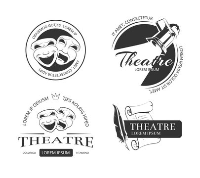 Vintage vector theatre labels, emblems, badges and logo. Classical theatrical mask, spotlight theatre, performance theatre  sign, emblem theatre illustration