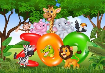 Word zoo with cartoon wild animal africa