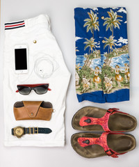 hawaii style casual ./ Overhead of Men's casual outfits with acc