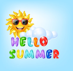 Summer background with cartoon sun character
