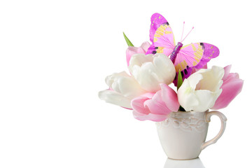 the pink and white tulips in a beautiful Cup with water  isolated on white background