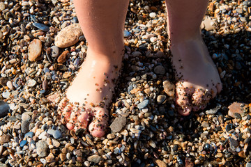 baby feet in sea pebbles