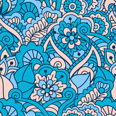 Hand drawn seamless pattern with floral elements. Colorful ethnic background. Pattern can be used for fabric, wallpaper or wrapping