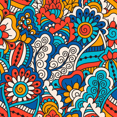 Hand drawn seamless pattern with floral elements. Colorful ethnic background. Pattern can be used for fabric, wallpaper or wrapping