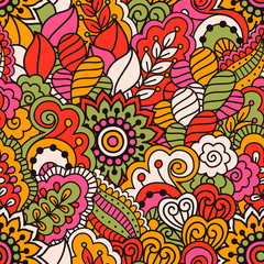 Obraz premium Hand drawn seamless pattern with floral elements. Colorful ethnic background. Pattern can be used for fabric, wallpaper or wrapping