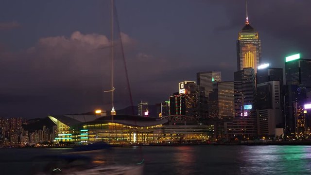 Hong Kong at night. Victoria Harbour and Hong Kong Central, zoom timelapse 4k

