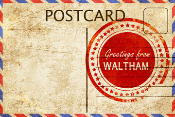 Naklejka premium waltham stamp on a vintage, old postcard