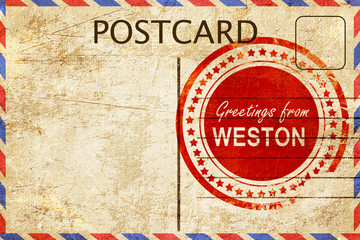 weston stamp on a vintage, old postcard